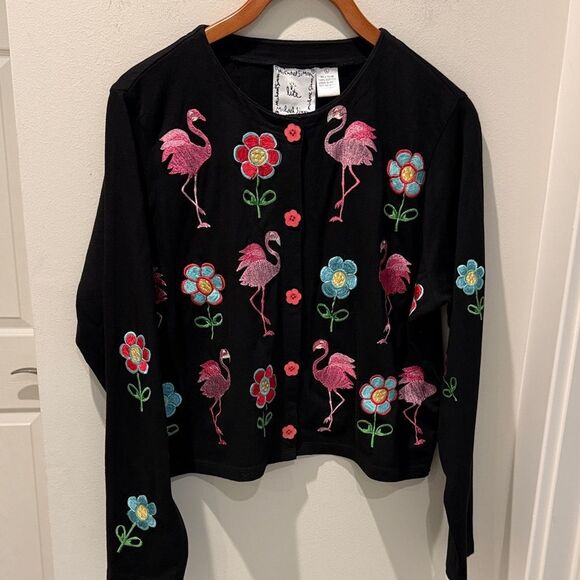 Michael Simon Black Cardigan with Pink Flamingo and Floral Embroidery size Large - Picture 1 of 7